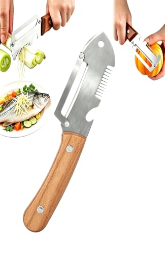 キッチン用ピーラー 千切りスライス可能 3in1 多機能野菜ピーラー 皮むき器 栓抜き兼用 千切りスライス可能 ステンレス製刃 木製グリップ 滑り止め設計 キッチン調理道具 野菜果物対応 お手入れ簡単 ブラウン (1, ライトイエロー)の外観・全体像 画像