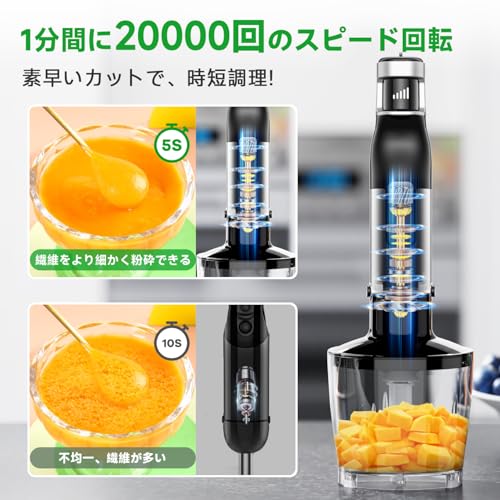 ブレンダー ハンドブレンダー【20000rpm最速!無段階変速】離乳食・調理に 鍋キズ防止 氷も砕ける 1台6役 ハンドミキサー 電動泡立て器 プロ級フードプロセッサー ミキサー ジューサー 氷/肉/果物/野菜の特徴・詳細 画像