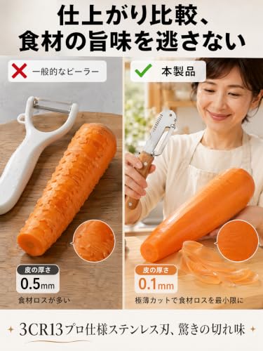 キッチン用ピーラー 千切りスライス可能 3in1 多機能野菜ピーラー 皮むき器 栓抜き兼用 千切りスライス可能 ステンレス製刃 木製グリップ 滑り止め設計 キッチン調理道具 野菜果物対応 お手入れ簡単 ブラウン (1, ライトイエロー)の特徴・詳細 画像