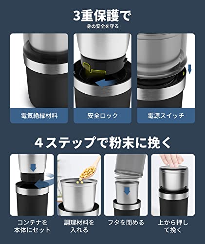 BESROY コーヒーミル 電動 カッター コーヒーミル 電動コーヒーミル 粉末 コーヒー豆 ひき機 水洗い可能 豆挽き/緑茶/山椒/唐辛子/胡椒/山椒/調味料/穀物を挽く 一台多役 掃除ブラシ付 お手入れ簡単の特徴・詳細 画像