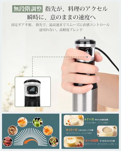 ハンドブレンダー【無段階変速・氷も砕ける】ブレンダー 1台多役 電動ミキサー フードプロセッサー 鍋キズ防止 離乳食/スムージー/スープの特徴・詳細 画像