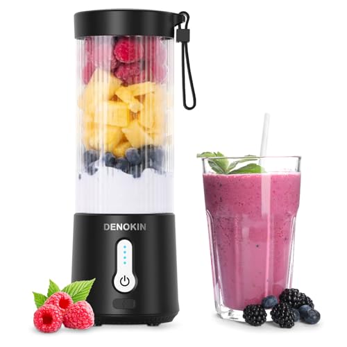 DENOKIN ジューサー ミキサー 小型 スムージー 氷も砕ける 野菜 果物 一台多役 一人用 充電式 お手入れ簡単 450ML 20000回転バッテリー 持ち運びやすい Type-C充電ポート アウトドア 旅行 学校 出張 オフィス 日本語取扱説明書 (クラシックブラック, 450ML)の外観・全体像 画像