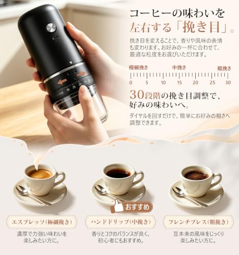 電動コーヒーミル コードレス セラミック臼式【30段階挽き目調整&外側ダイヤル式】コンパクト 静音設計 約2杯分対応 水洗い可能 お手入れ簡単の特徴・詳細 画像